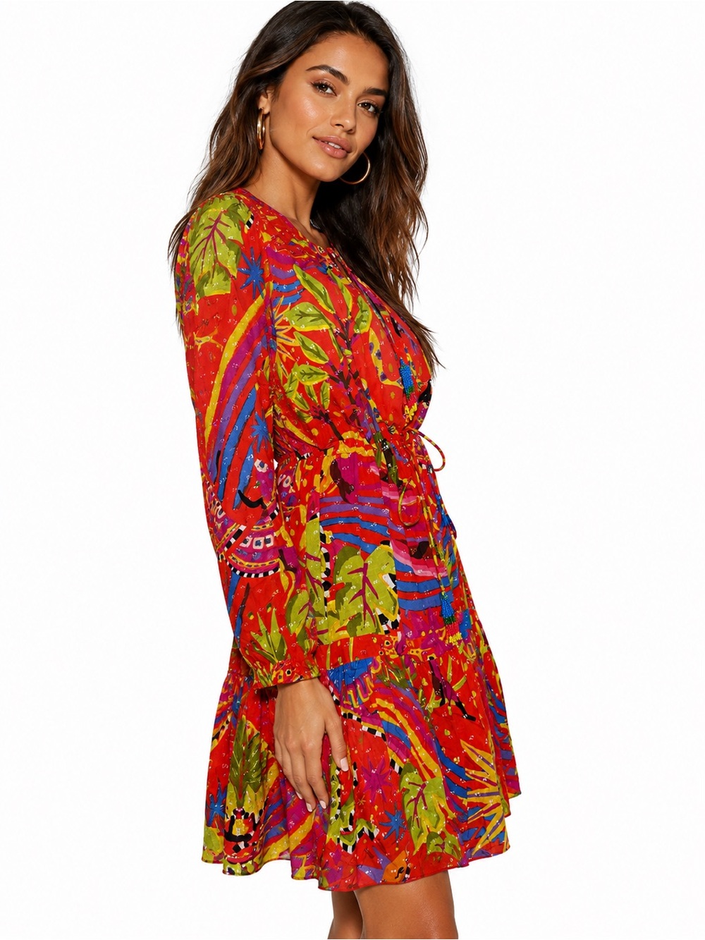 FARM Rio Magic Forest Mini Dress Dress  Tie Waist Long Sleeve Size Large NWOT